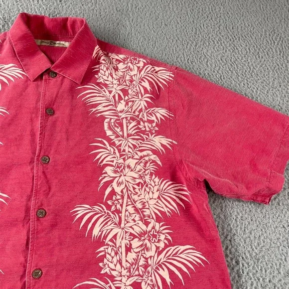 Tommy Bahama Silk Button Up Shirt Short Sleeve Hawaiian Adult Pink Palm Trees L - Picture 3 of 9
